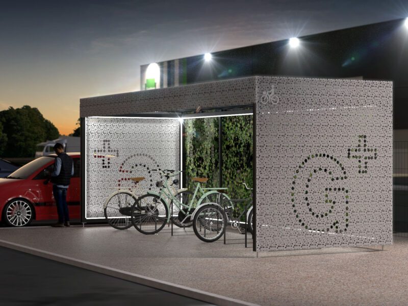 Vue virtuelle d'un projet d'abri à vélos pour un lieu d'entreprise